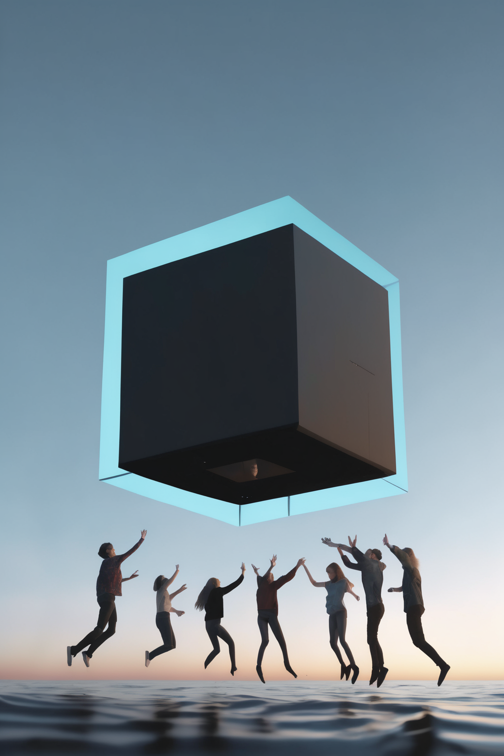 00358-3633325886-_lora_Levitating Cube_1_Levitating Cube - a group of friends taking turns trying to touch a floating cube.png